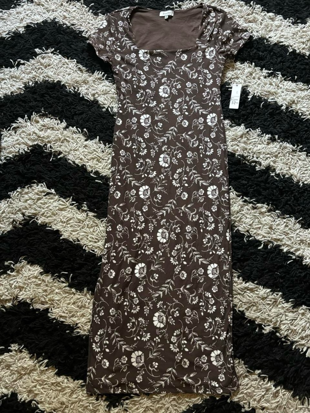 Faded Rose NWT Brown White Floral Print Square Neck Short Sleeve Maxi Dress